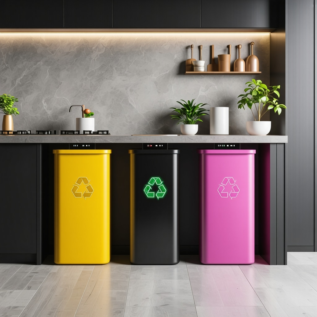 Modern kitchen recycling bins with AI sensors and digital displays