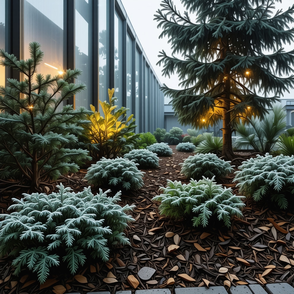 Urban winter garden featuring smart irrigation sensors, LED grow lights, and natural mulch protecting plants from frost.