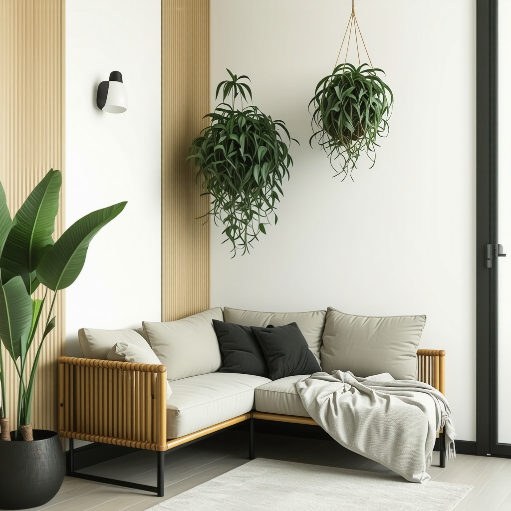 Small apartment corner with smart lighting, bamboo and recycled metal furniture, bright neutral colors, and green plants