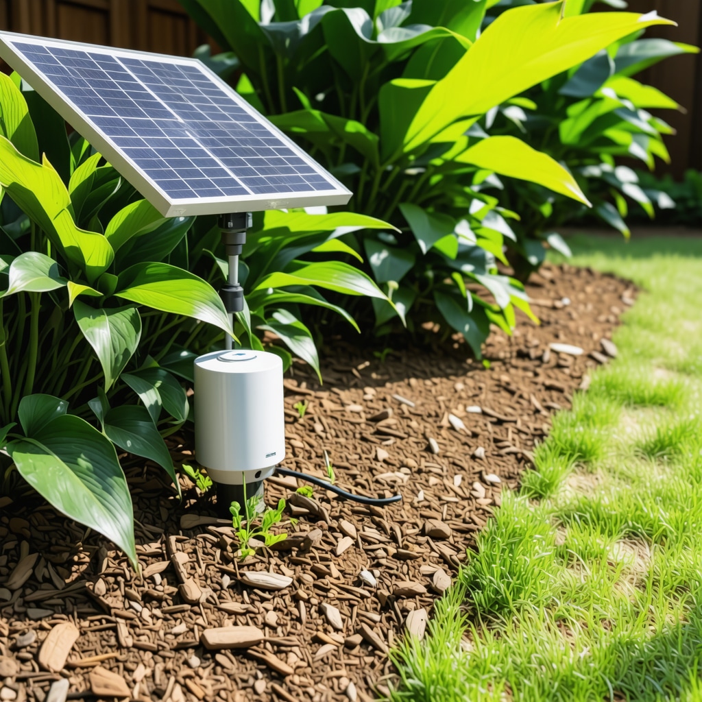 Garden irrigation system combining sensors, solar energy, and natural mulch to optimize watering