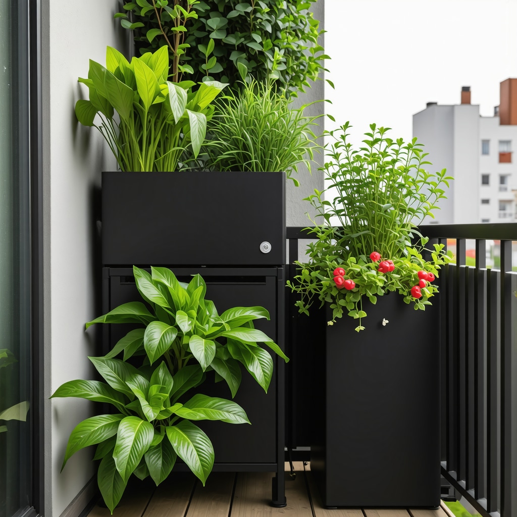 Small balcony garden with smart irrigation sensors, LED grow lights, and vertical vermicomposting system