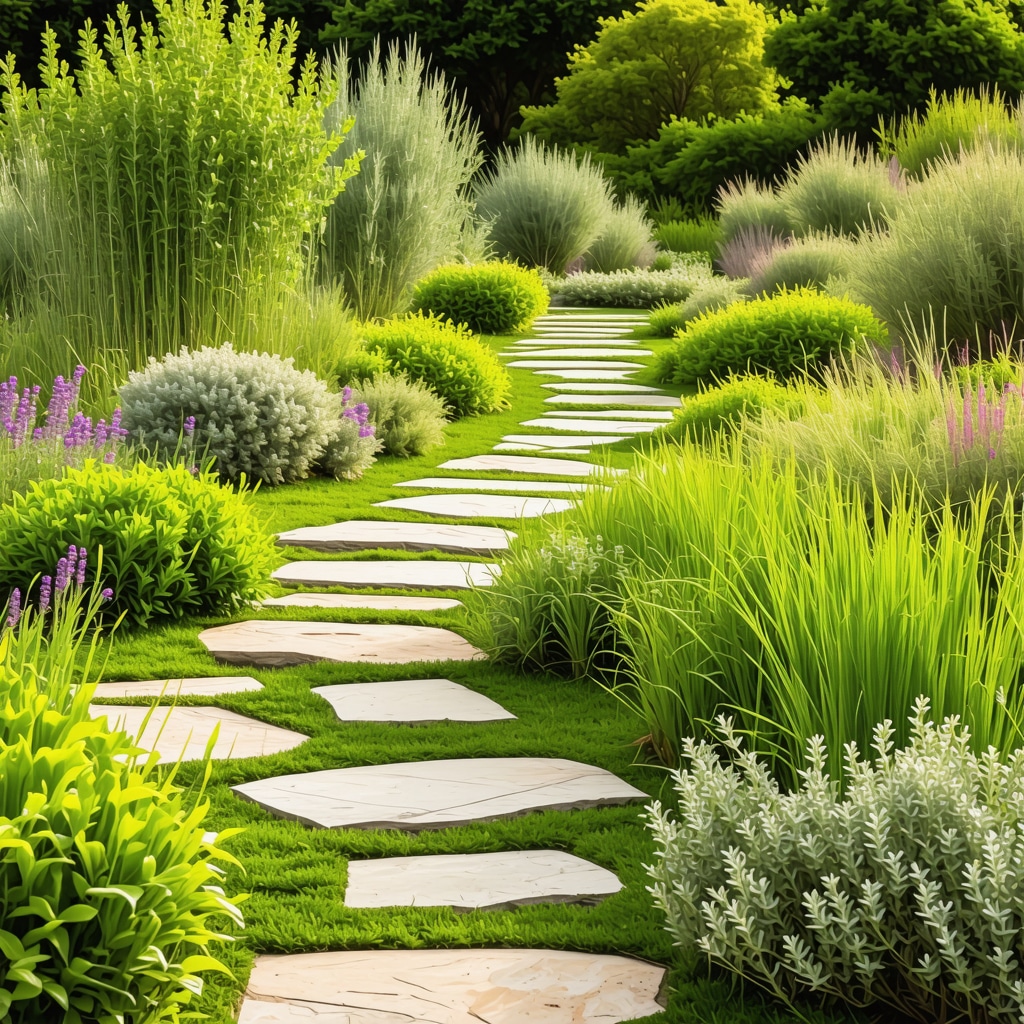 Wild garden with native plants, stone paths, and smart irrigation system
