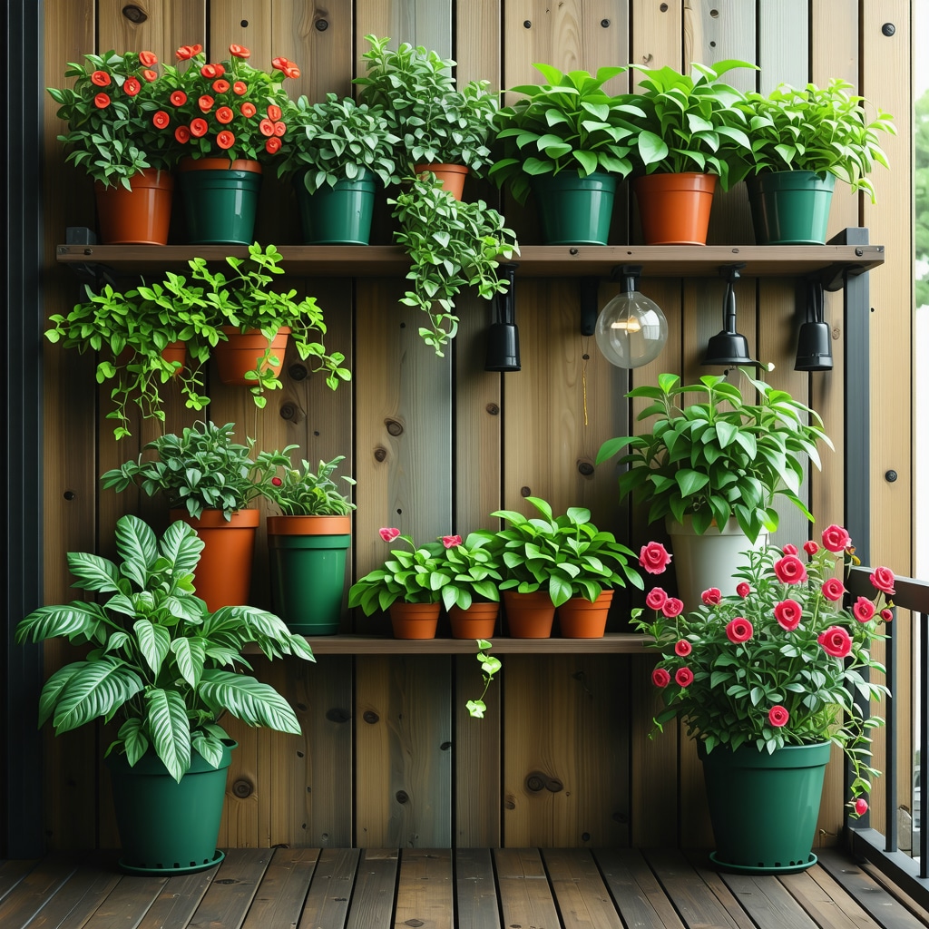 Small balcony garden with vertical wooden shelves, potted plants, and solar LED lights at dusk