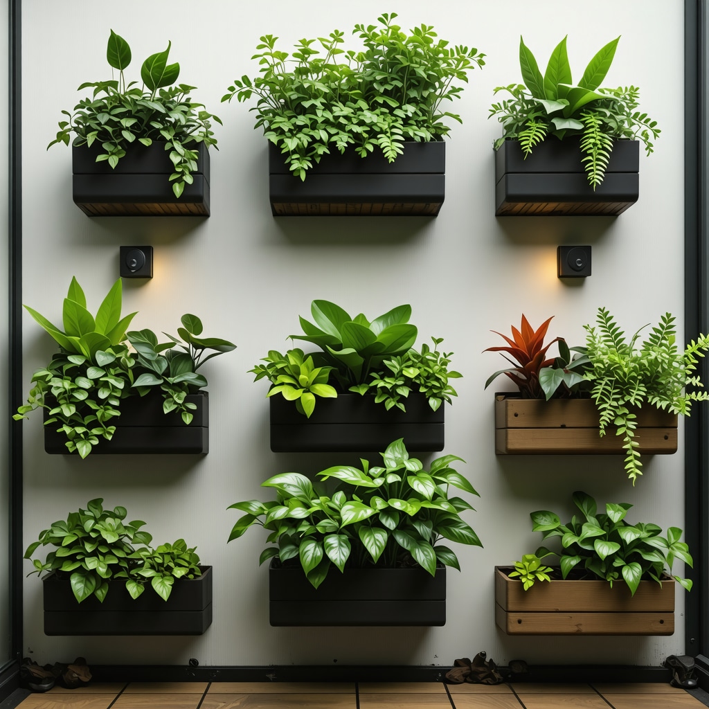 Small balcony garden featuring vertical planters, solar LED lighting, and recycled wooden shelves