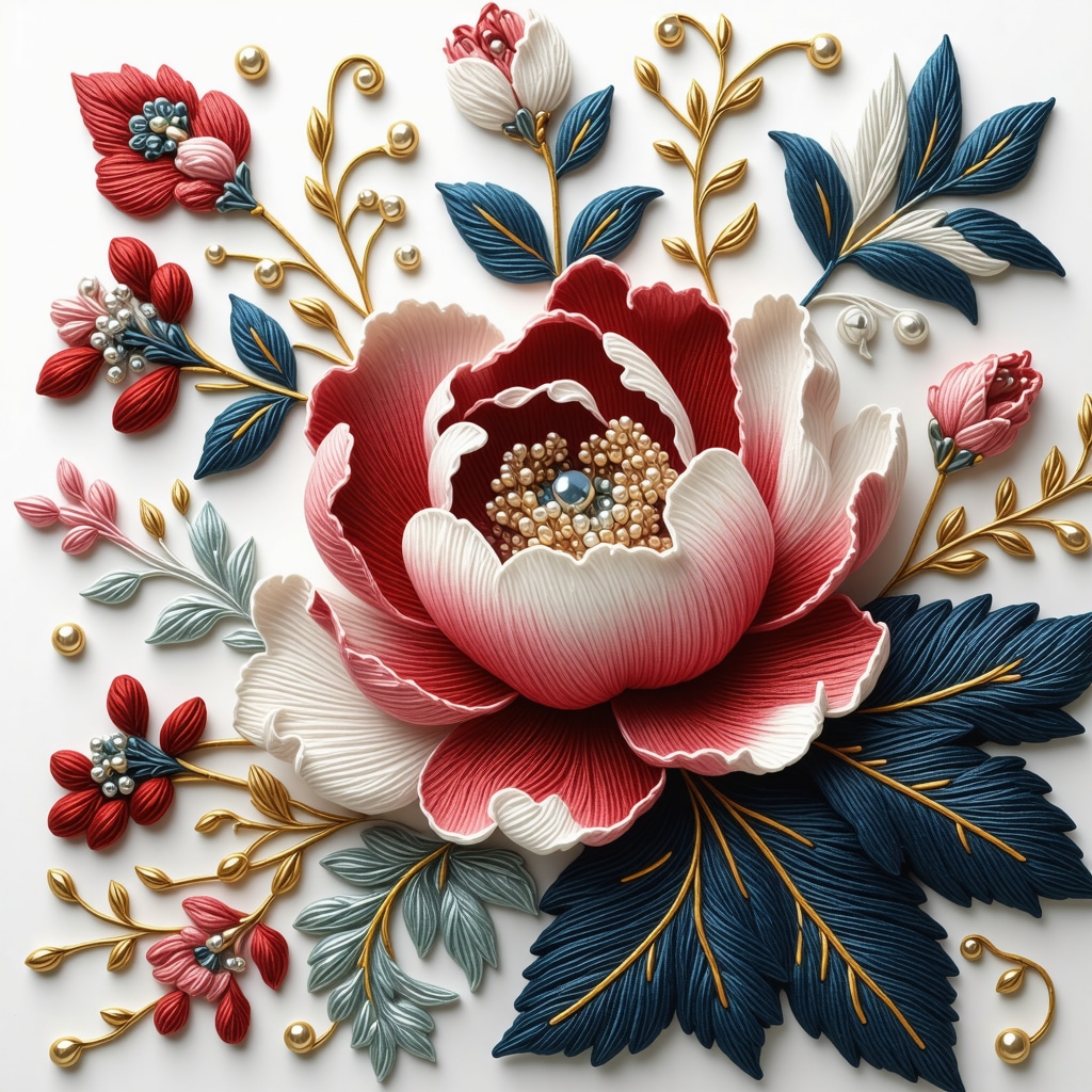 Close-up of hand embroidery combining silk, metallic threads, and 3D beads on fabric