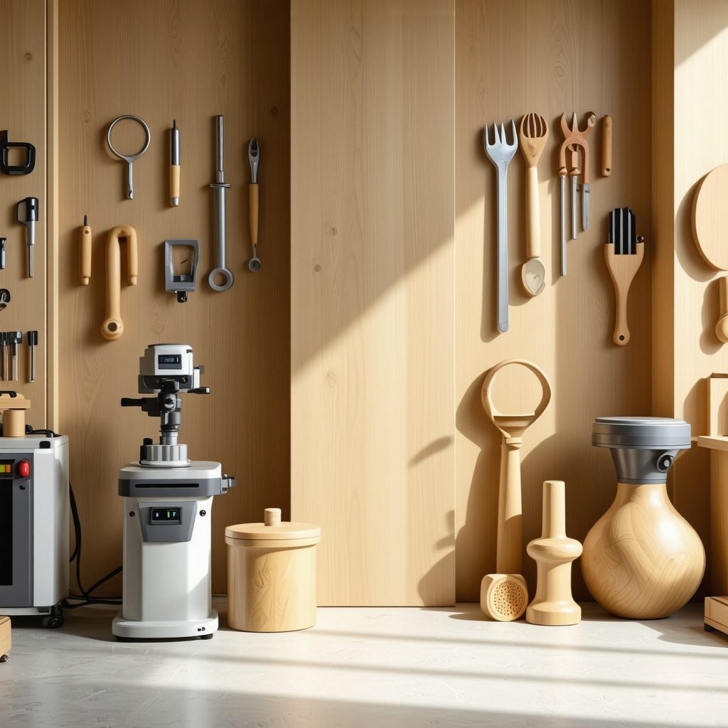 Workshop for advanced wood restoration featuring ultrasonic cleaners, 3D printed wooden parts, and traditional tools