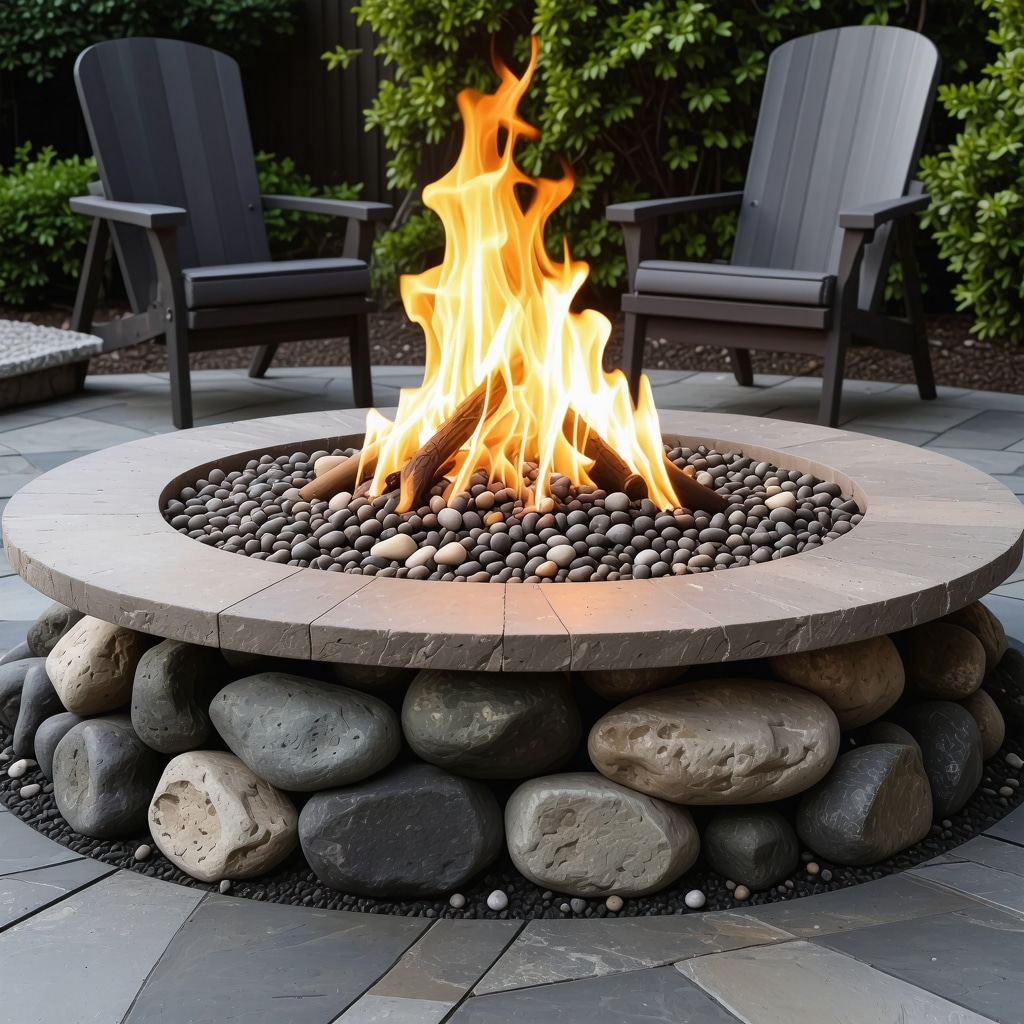 Backyard fire pit with stones and ambient lighting