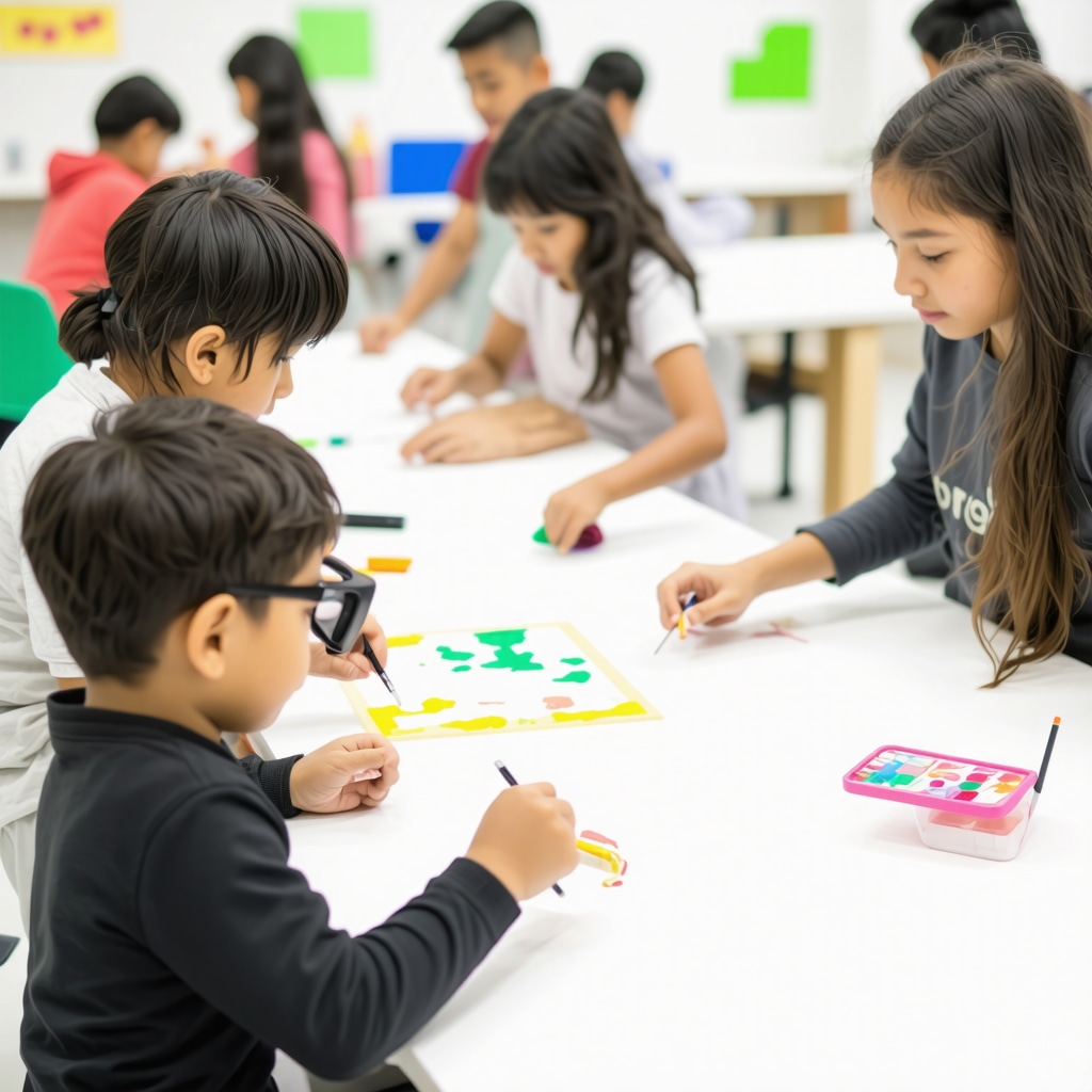 Children collaborating in a creative DIY art project using sustainable materials and AR technology