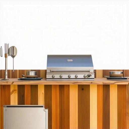 Step-by-step construction of a redwood outdoor kitchen with tools and materials