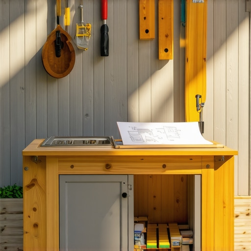 Construction of outdoor redwood kitchen with tools and materials in backyard.