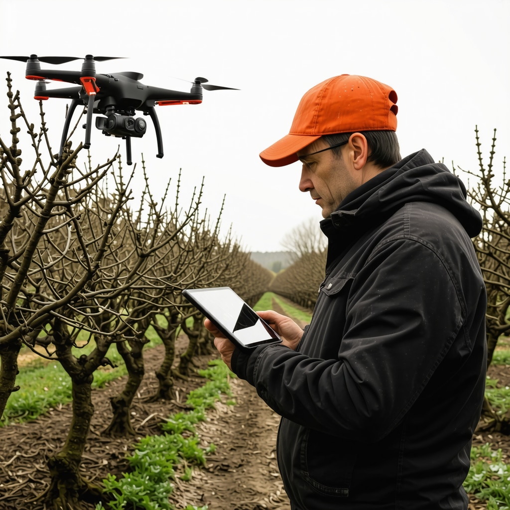 Farmer using drone and tablet for precise winter pruning in an orchard