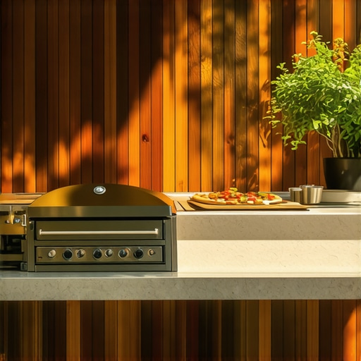 Beautifully crafted redwood outdoor kitchen with appliances and pizza oven