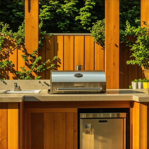 Outdoor kitchen made of redwood with built-in appliances and pizza oven in backyard.
