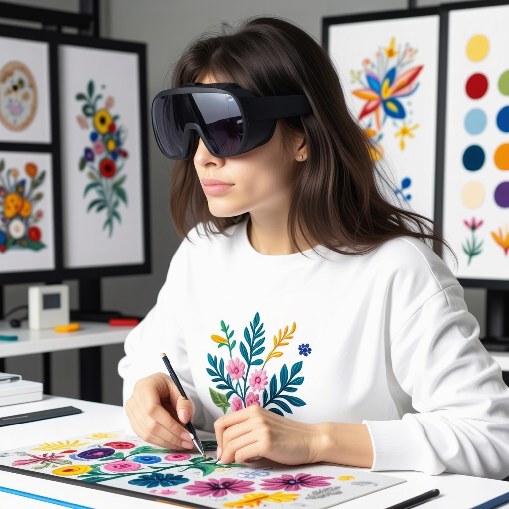 Modern embroidery artist visualizing embroidery designs using augmented reality technology