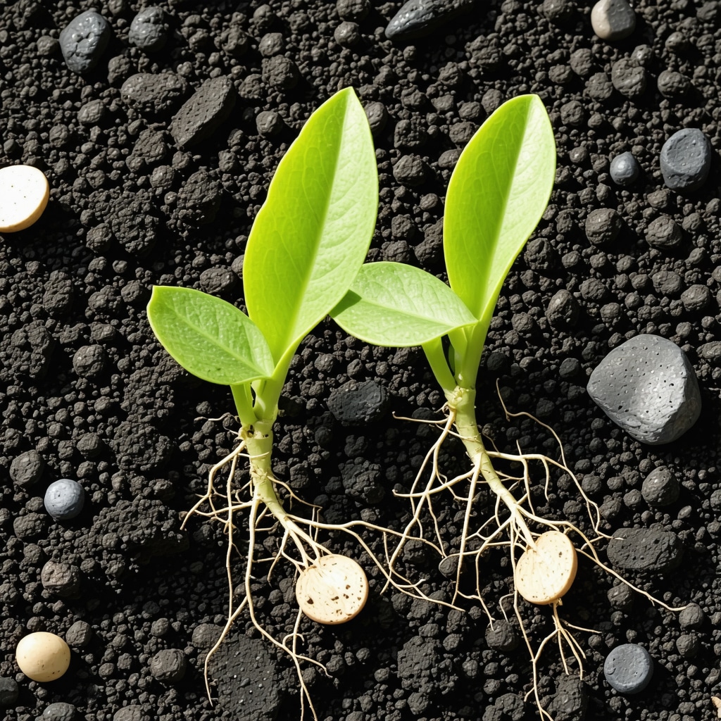 Close-up of garden soil showing mixture of wood ash and compost with green seedlings
