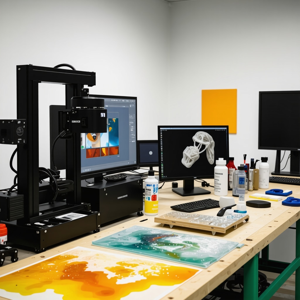 Workspace combining digital tools and advanced equipment for epoxy resin art creation