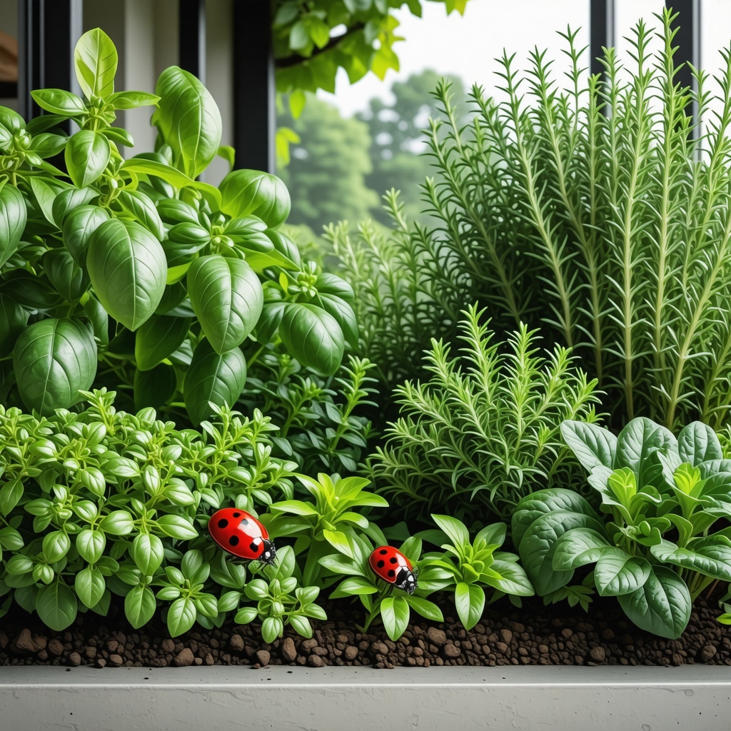 Garden showing smart sensors, automated watering and diverse plants with beneficial insects for natural pest control
