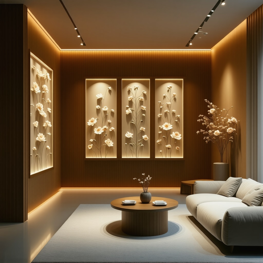Pressed flowers artwork integrated with smart sensors and ambient lighting in a contemporary room
