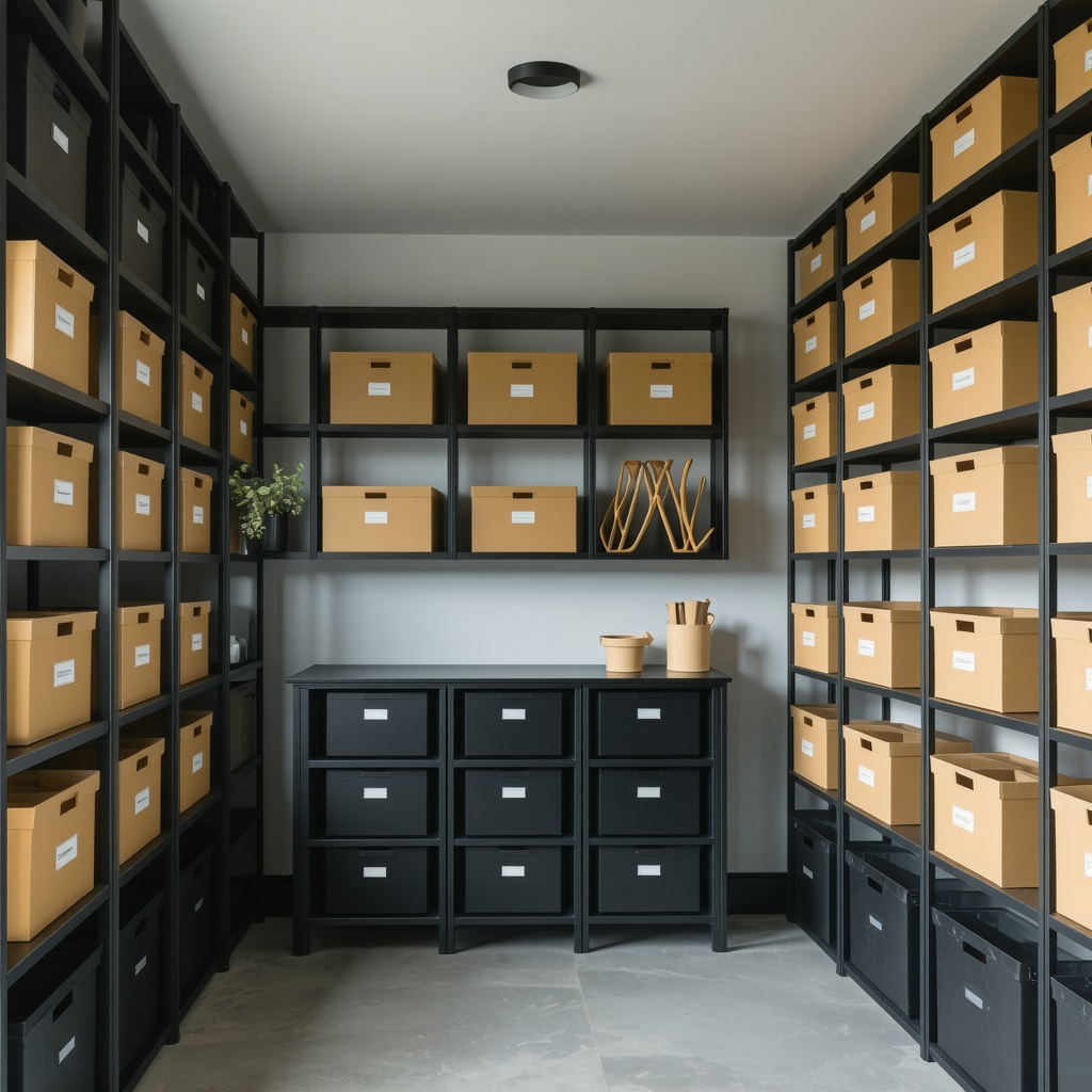 A modern storage room with labeled boxes and creative DIY shelves