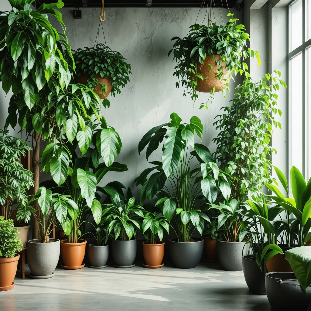Interior decorated with various houseplants in stylish pots under natural light