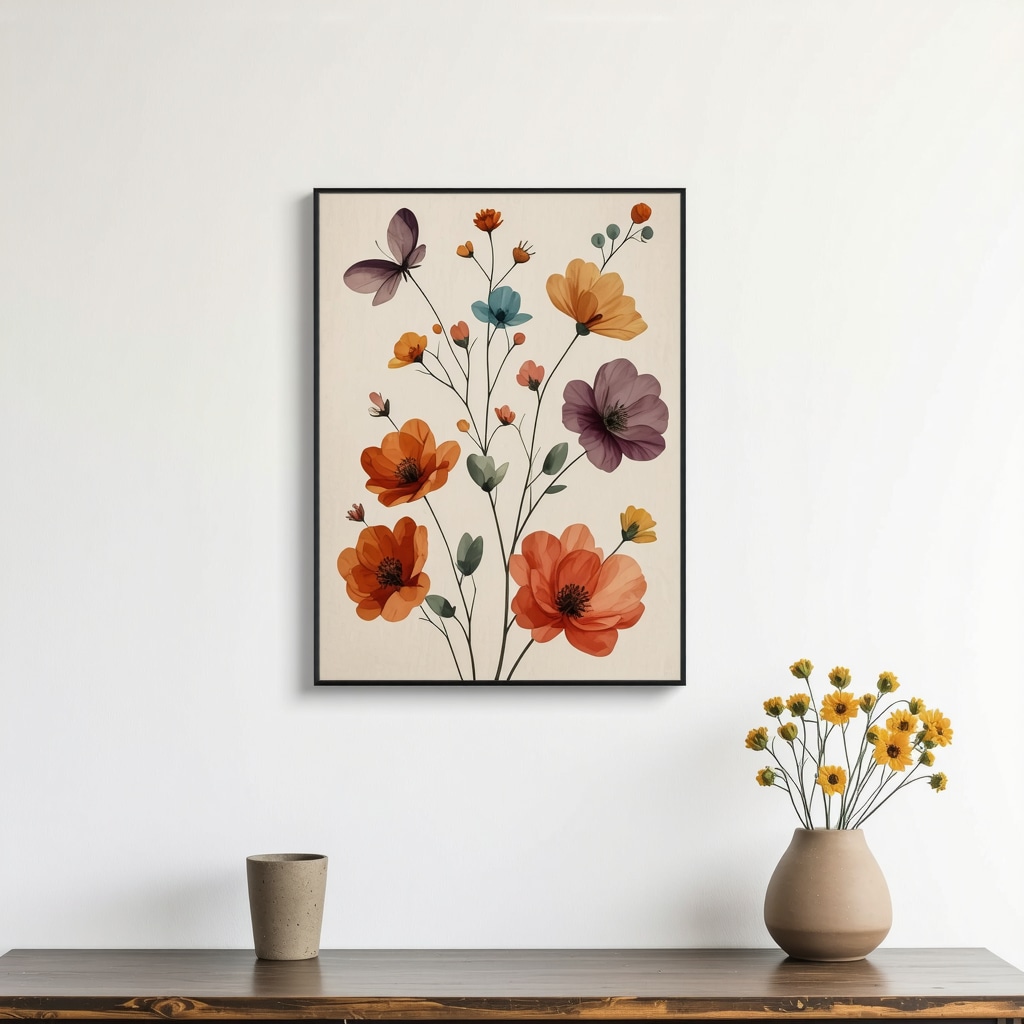 A stylish pressed flower arrangement showcasing vibrant colors and natural textures in a modern living room