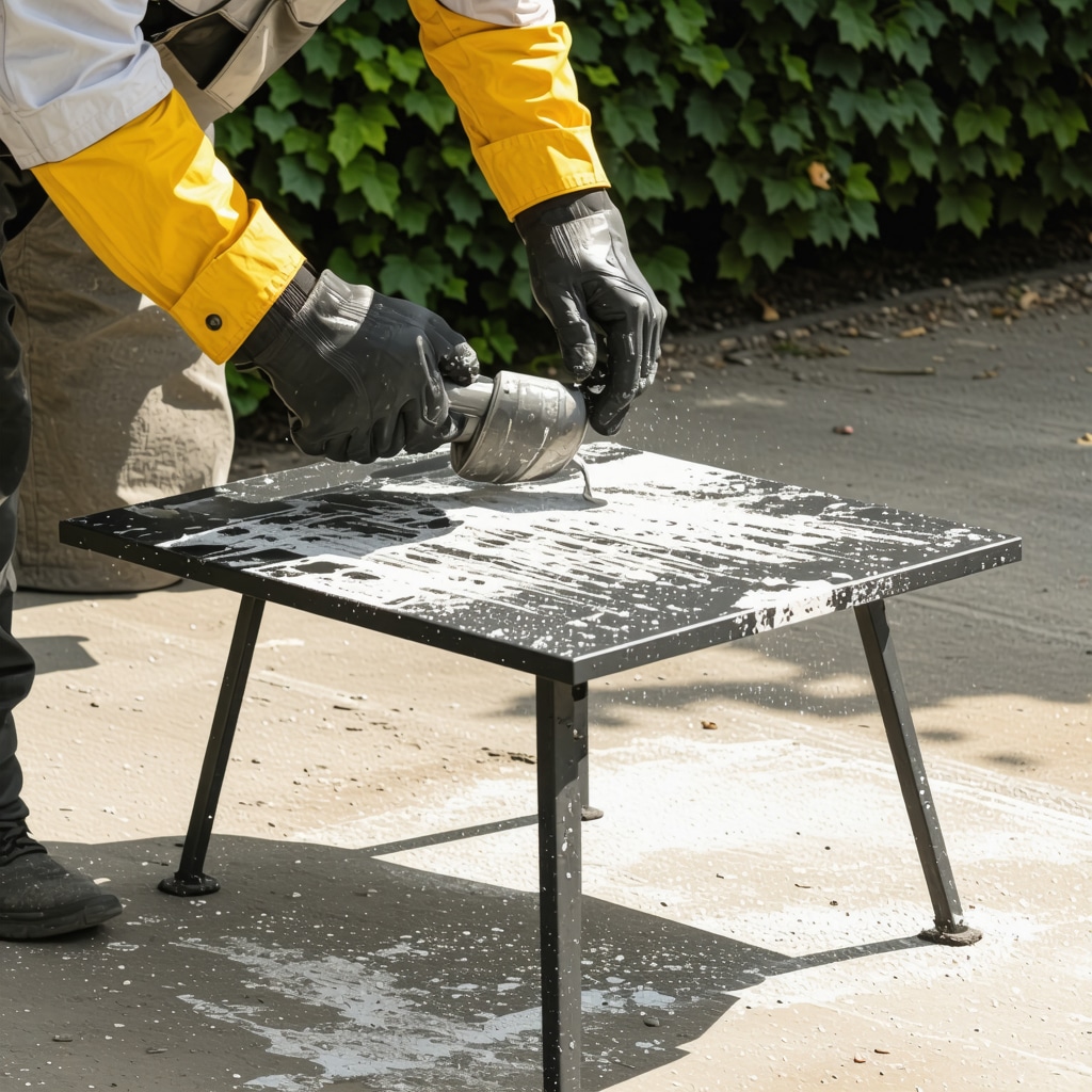 Expert applying advanced protective coating to metal garden furniture