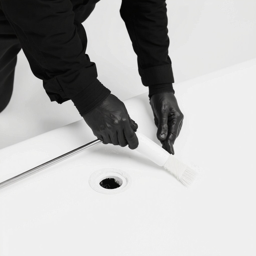 Expert applying fiberglass kit to repair a bathtub hole
