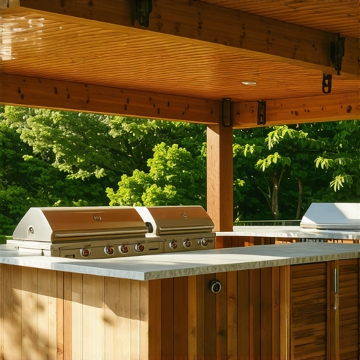 Beautiful outdoor kitchen made of redwood with appliances and seating