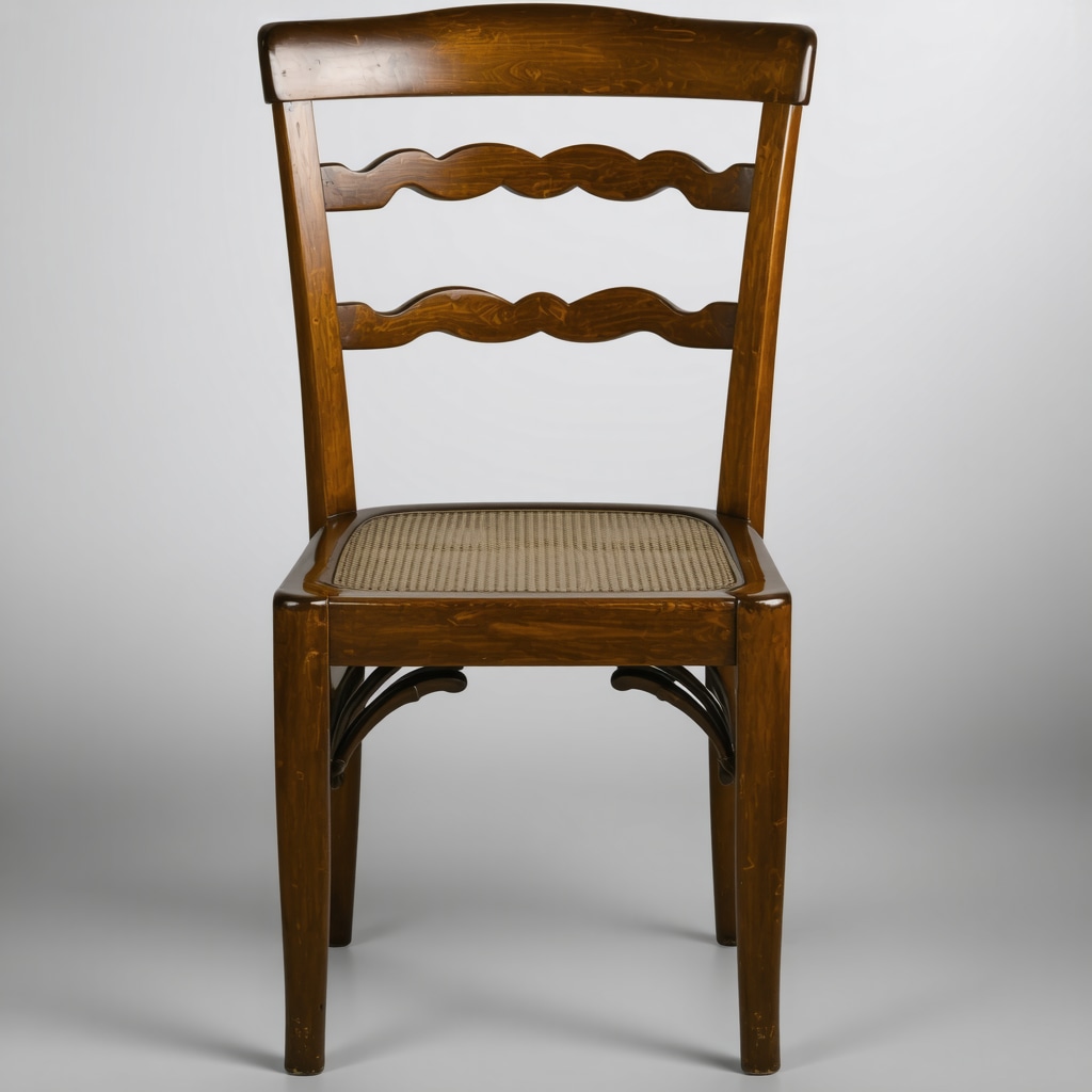 A detailed view of a beautifully restored vintage wooden chair with natural finish and textured surface.