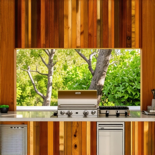 Detailed view of a rustic outdoor kitchen made of redwood with modern design elements.