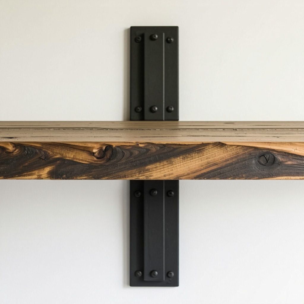 Close-up of a well-crafted rustic wood shelf with metal brackets, highlighting the joint