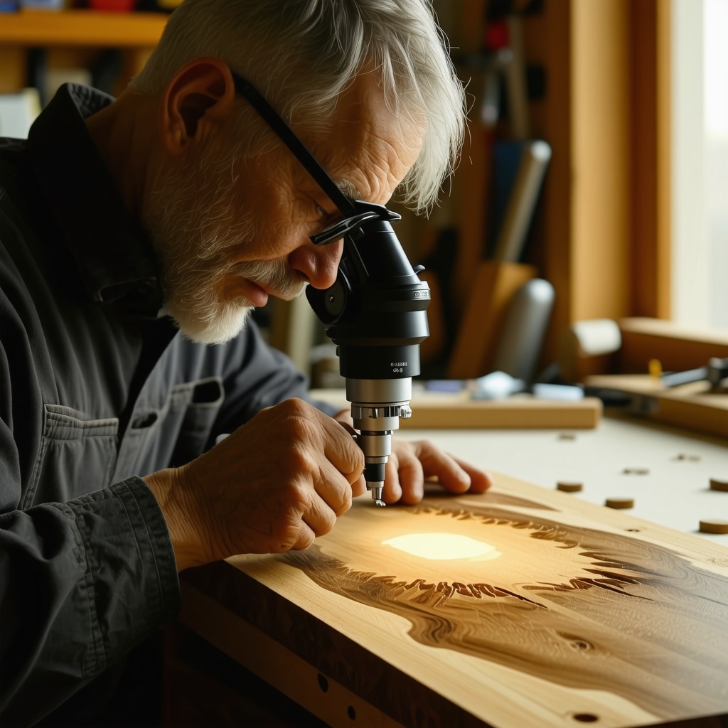 Close-up of woodworker examining wood grain and micro-cracks with digital microscope in workshop