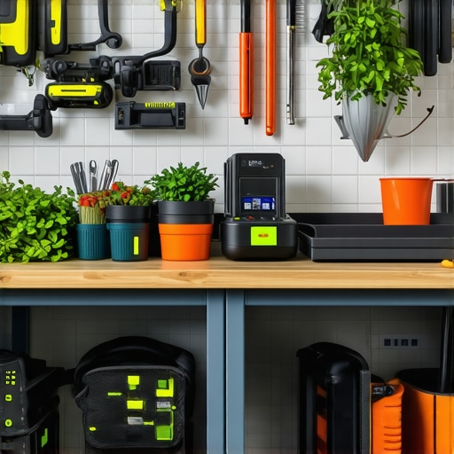 Modern gardening workspace with safety sensors and organized tools, expert setup