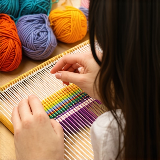 Person weaving colorful yarns creating home decor