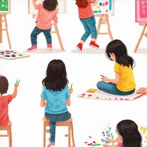 Kids painting, sculpting, and using digital tablets in a vibrant classroom setting.