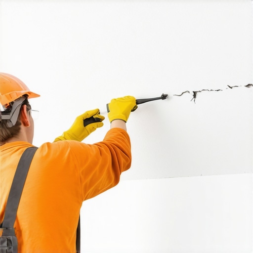 Person fixing ceiling crack with plaster, demonstrating DIY repair technique.