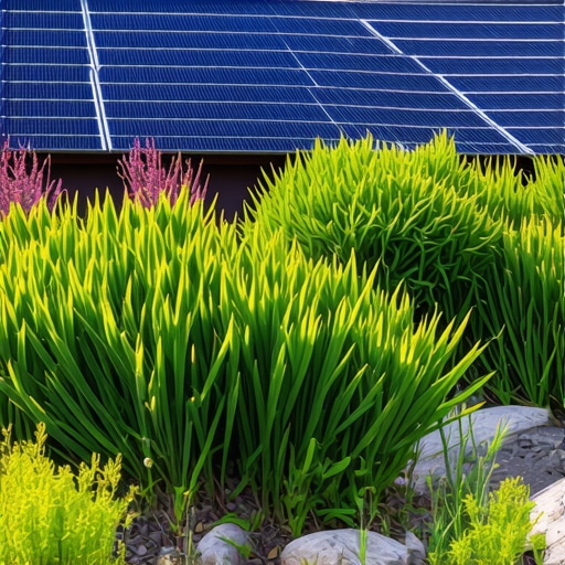 Modern garden featuring solar panels, automated watering, and native plants, highlighting sustainable design