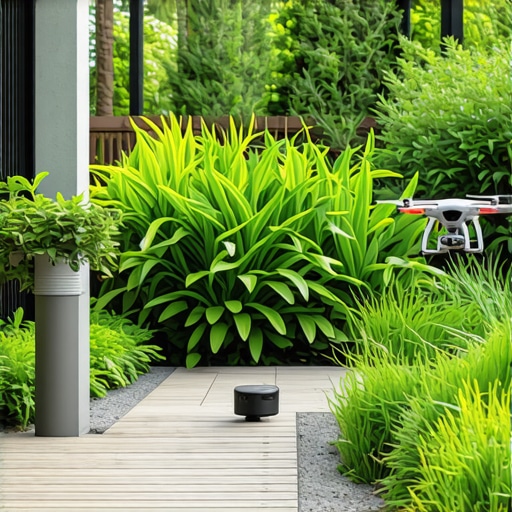 Modern garden with eco-tech sensors, native plants, and drone monitoring