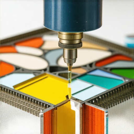 Close-up of advanced glass cutting tools and intricate mosaic designs in a professional workshop