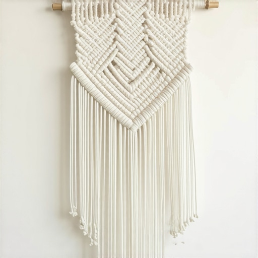 Close-up of a detailed handmade macrame wall hanging with natural fibers