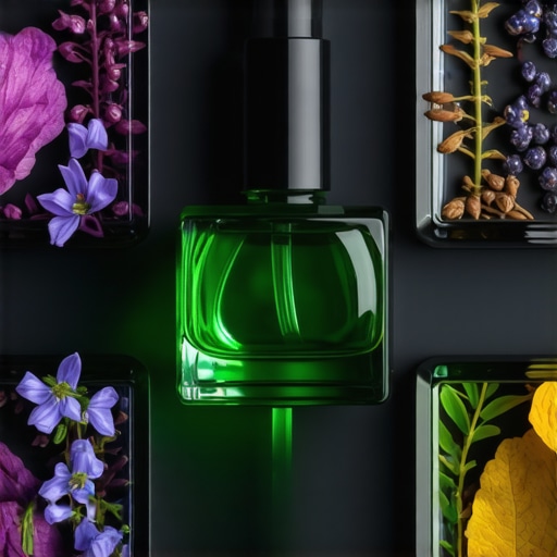 Close-up of a sophisticated perfume bottle surrounded by botanical ingredients and essential oils