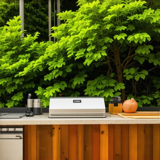 Beautiful outdoor kitchen made of redwood with appliances and garden setting