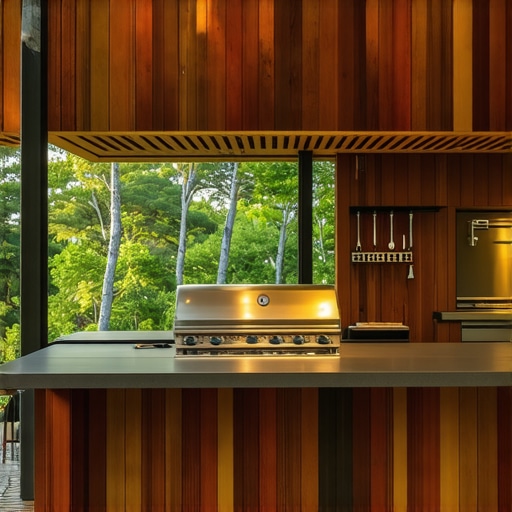 Modern outdoor kitchen made of redwood with grill and pizza oven