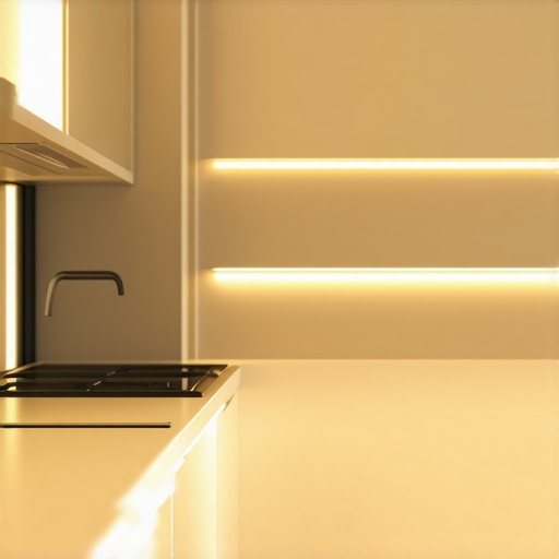 Kitchen with LED strip lighting under cabinets, showcasing ambient and task lighting in a stylish setting