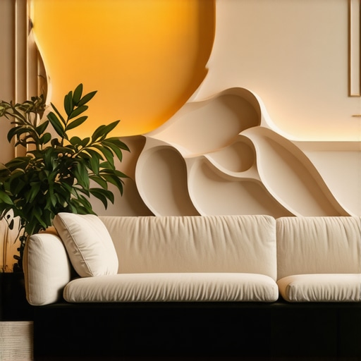 Living room with textured 3D wall panels and natural decor accents, stylish interior design