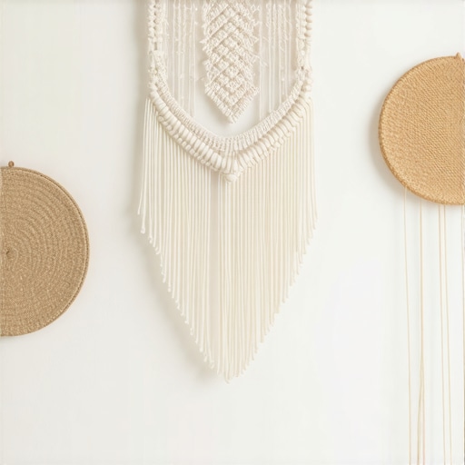 Close-up of intricate macrame wall hanging in a contemporary living room