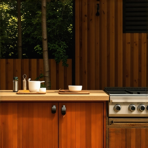 Beautiful outdoor redwood kitchen with grill and storage