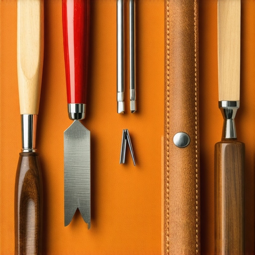 Close-up of professional tools used in advanced leather crafting and a finished luxurious leather product