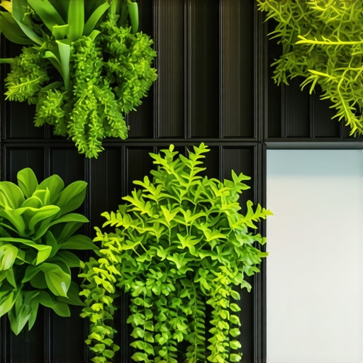 Modern vertical garden using recycled and eco-friendly materials with lush plants in an urban setting