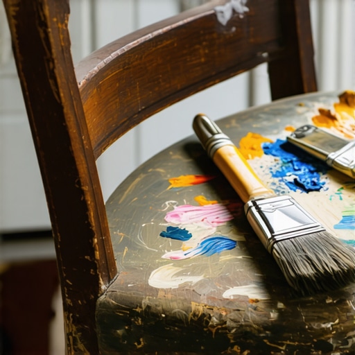 Close-up of detailed antique chair restoration with paints and brushes